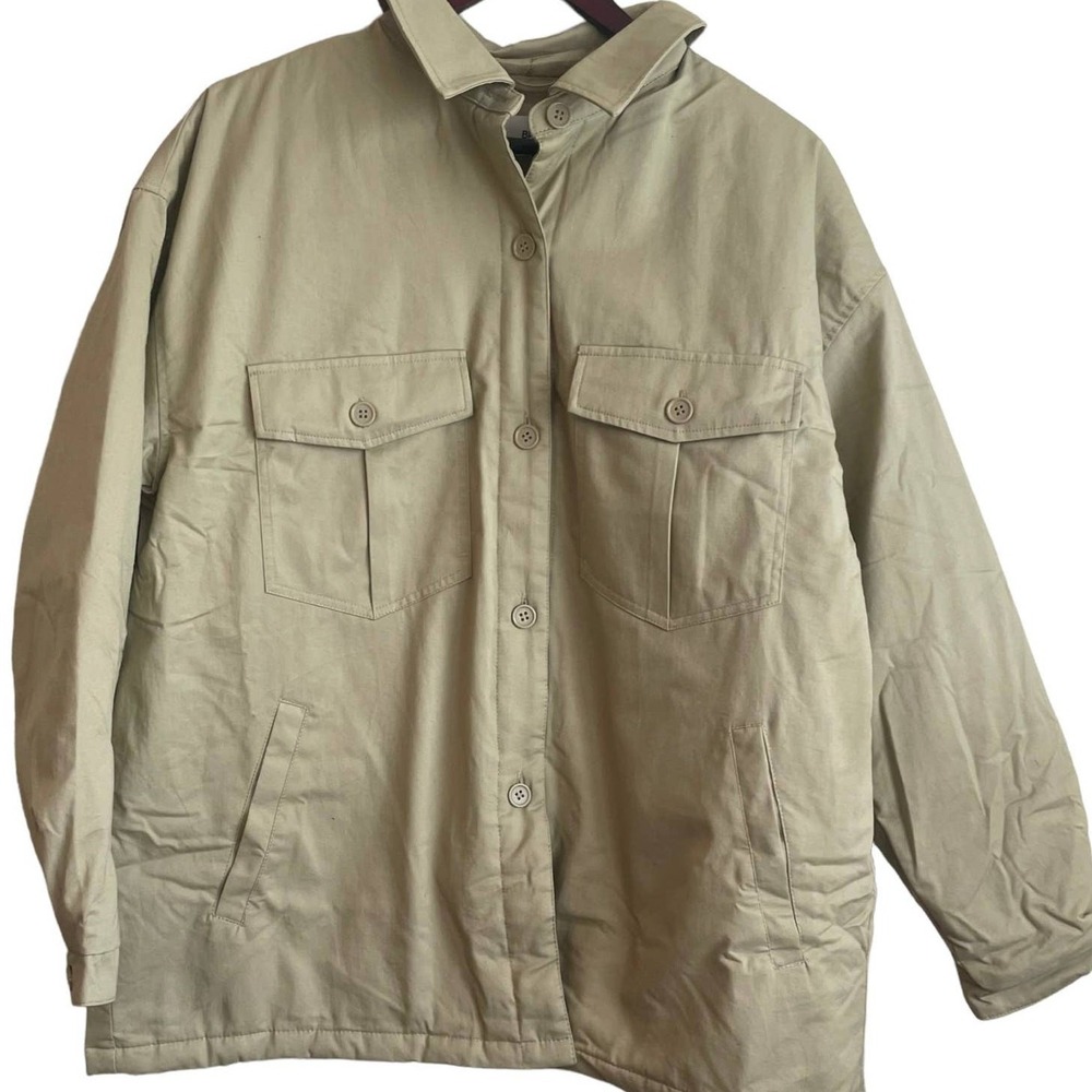 BP Coat Women L Tan Collared Neck Long Sleeve Button Up Pockets Warm Cozy NWT